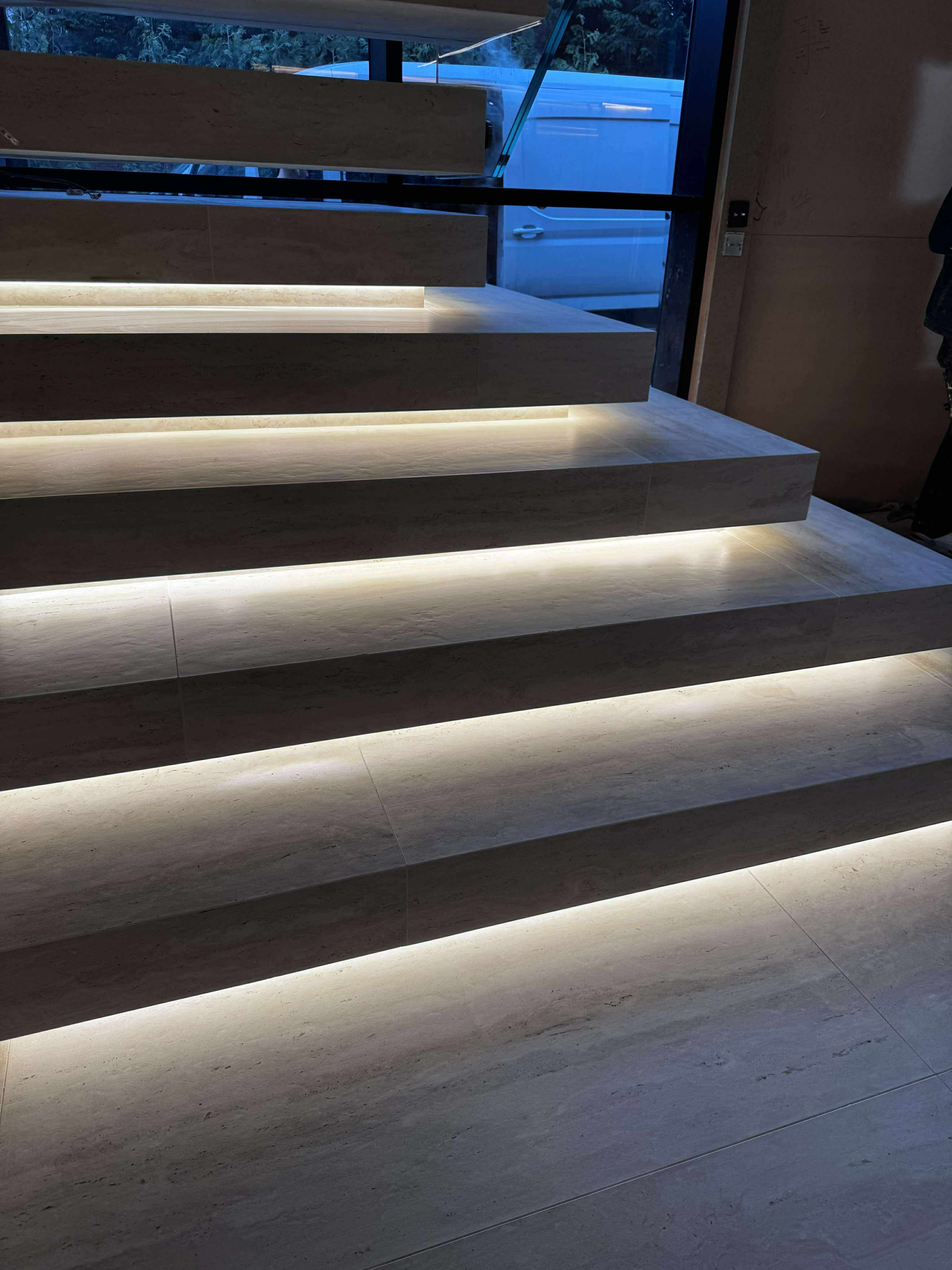 Close view of illuminated porcelain stair treads