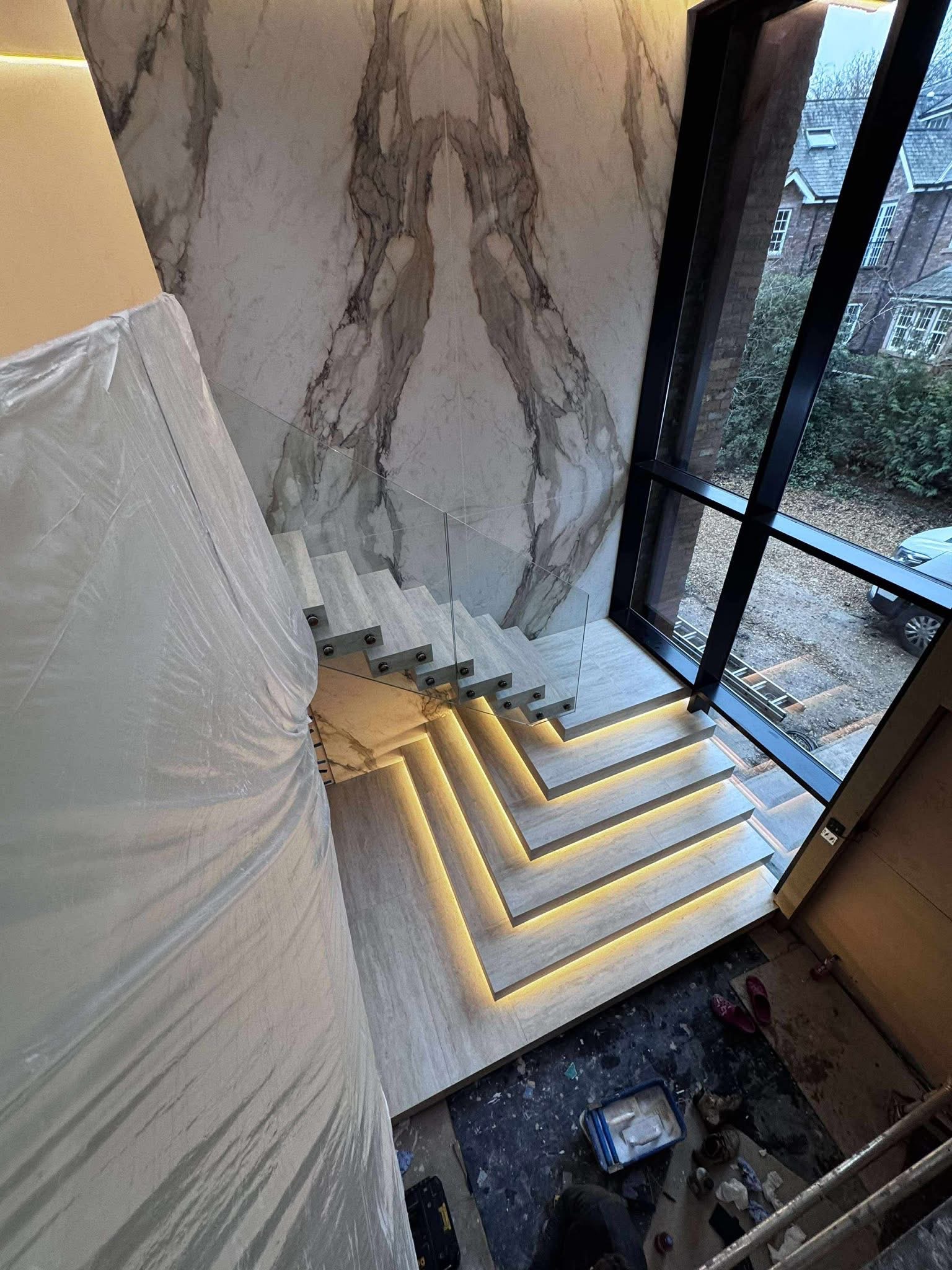 Overhead view of tiled feature staircase